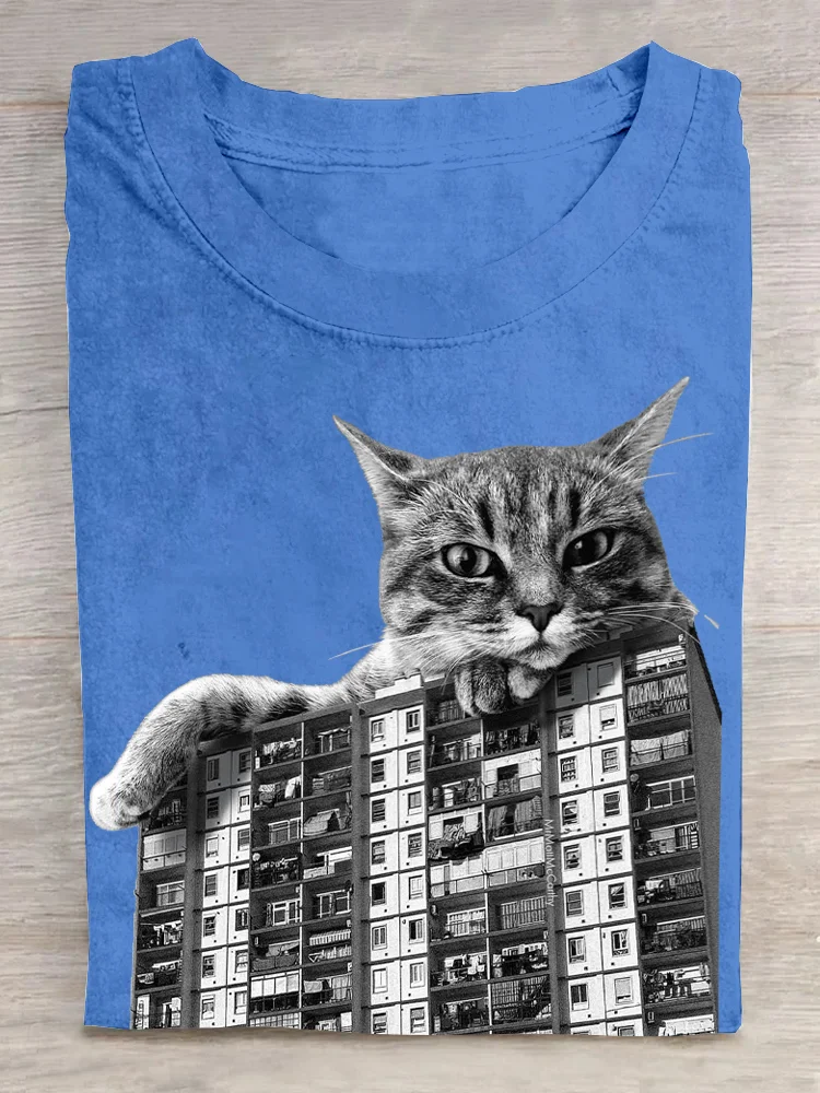 Casual Cat Crew Neck Short Sleeve T-shirt