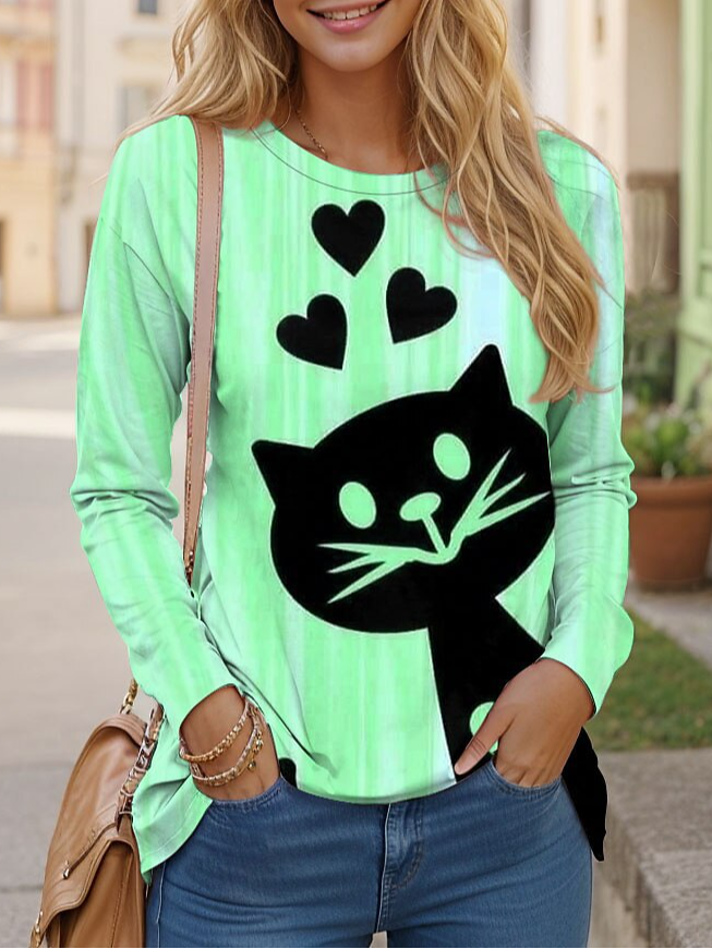 Casual Cat Crew Neck Long Sleeve T-shirt