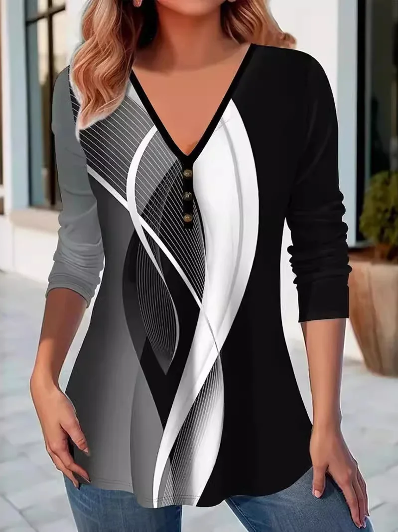 Casual Geometric V Neck Long Sleeve T-shirt