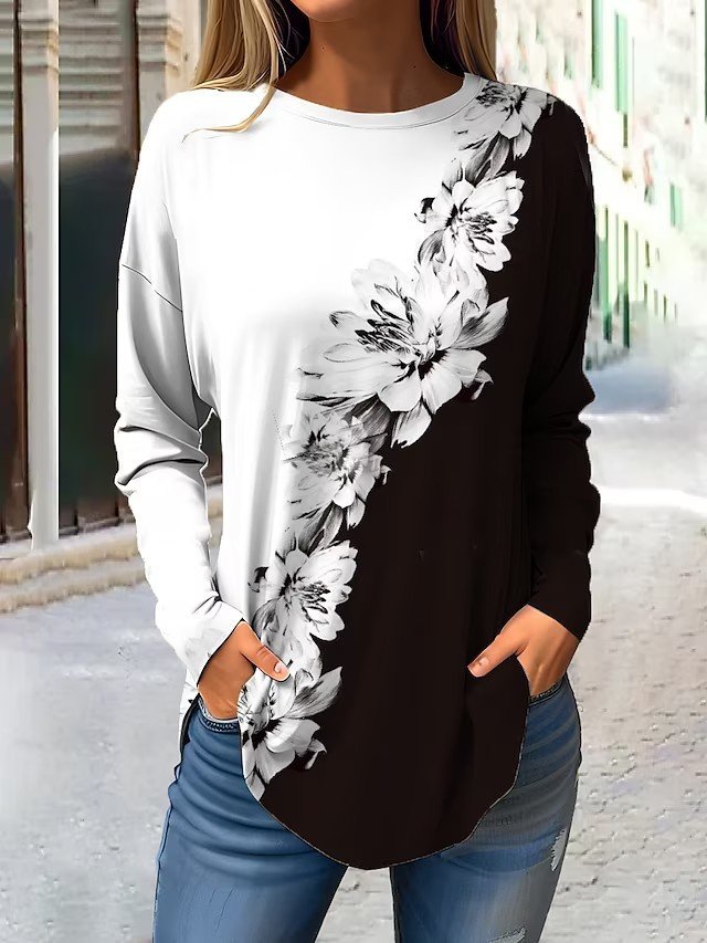 Casual Geometric Crew Neck Long Sleeve T-shirt