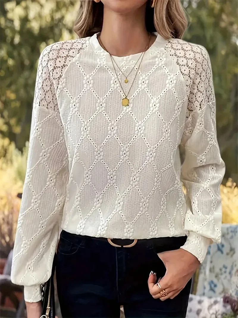 Crew Neck Long Sleeve Plain Lace Regular Regular Fit Blouse For Women