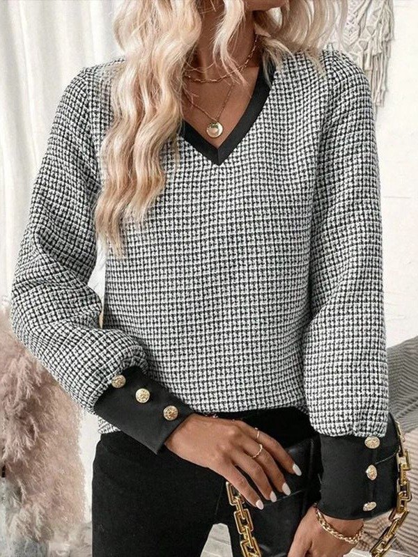 V Neck Long Sleeve Plaid Lace Regular Regular Fit Blouse For Women