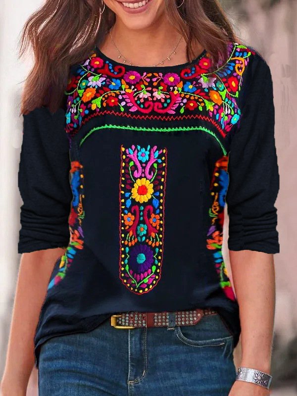 Casual Ethnic Crew Neck Long Sleeve T-shirt