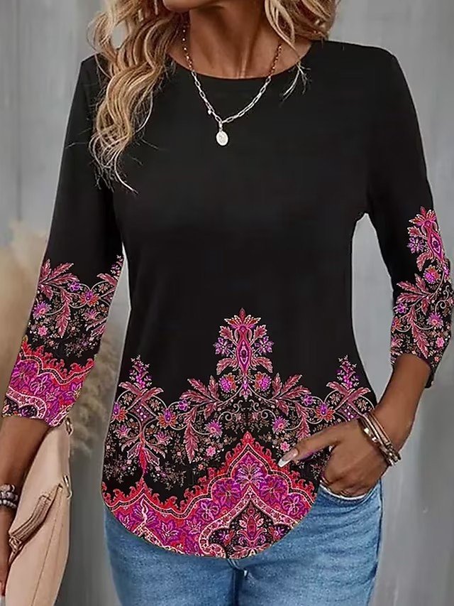 Casual Ethnic Crew Neck Three Quarter Sleeve T-shirt