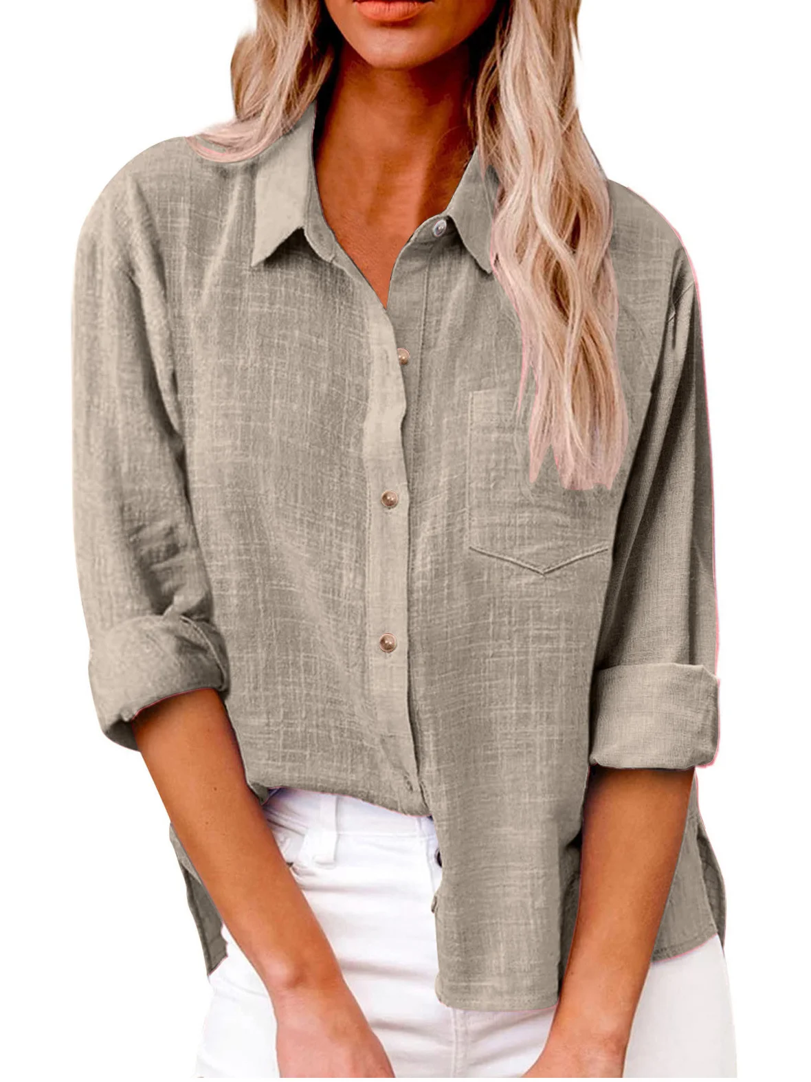 Shirt Collar Long Sleeve Plain Regular Loose Shirt For Women