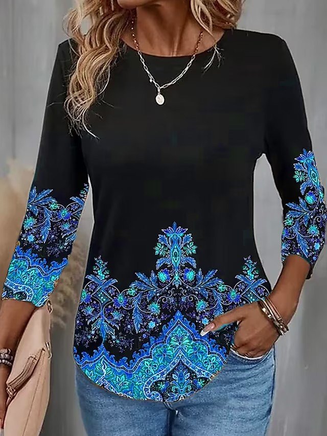 Casual Ethnic Crew Neck Three Quarter Sleeve T-shirt