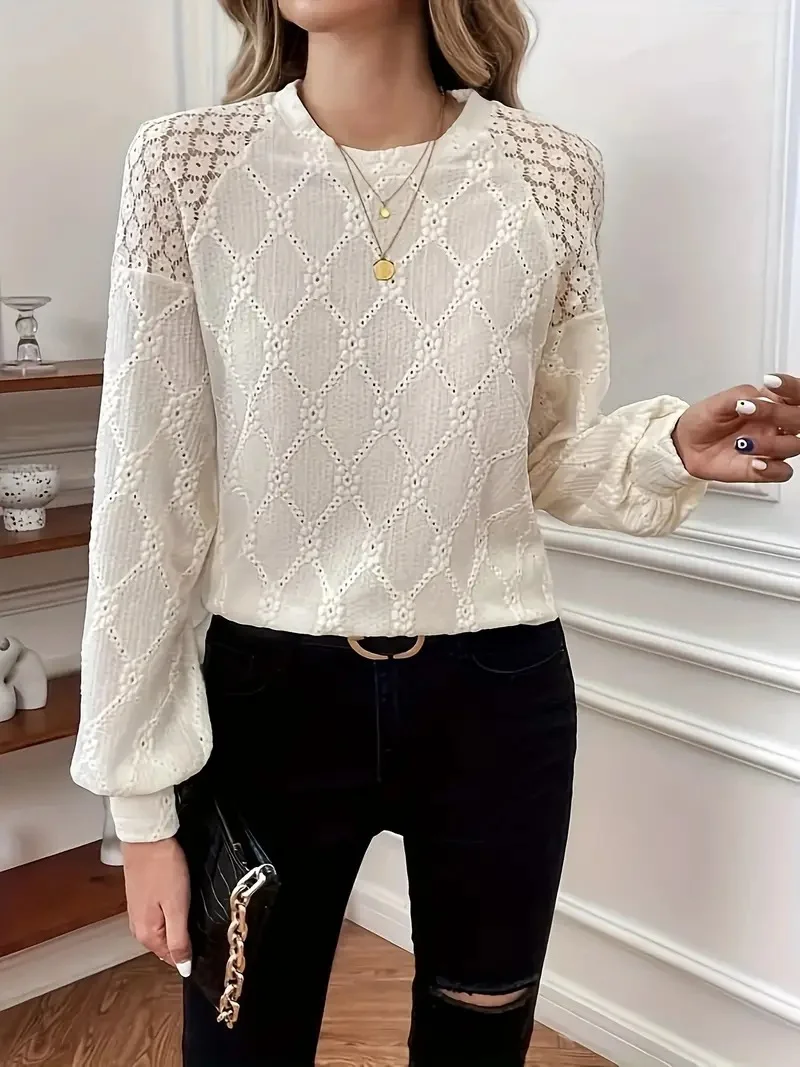 Crew Neck Long Sleeve Plain Lace Regular Regular Fit Blouse For Women