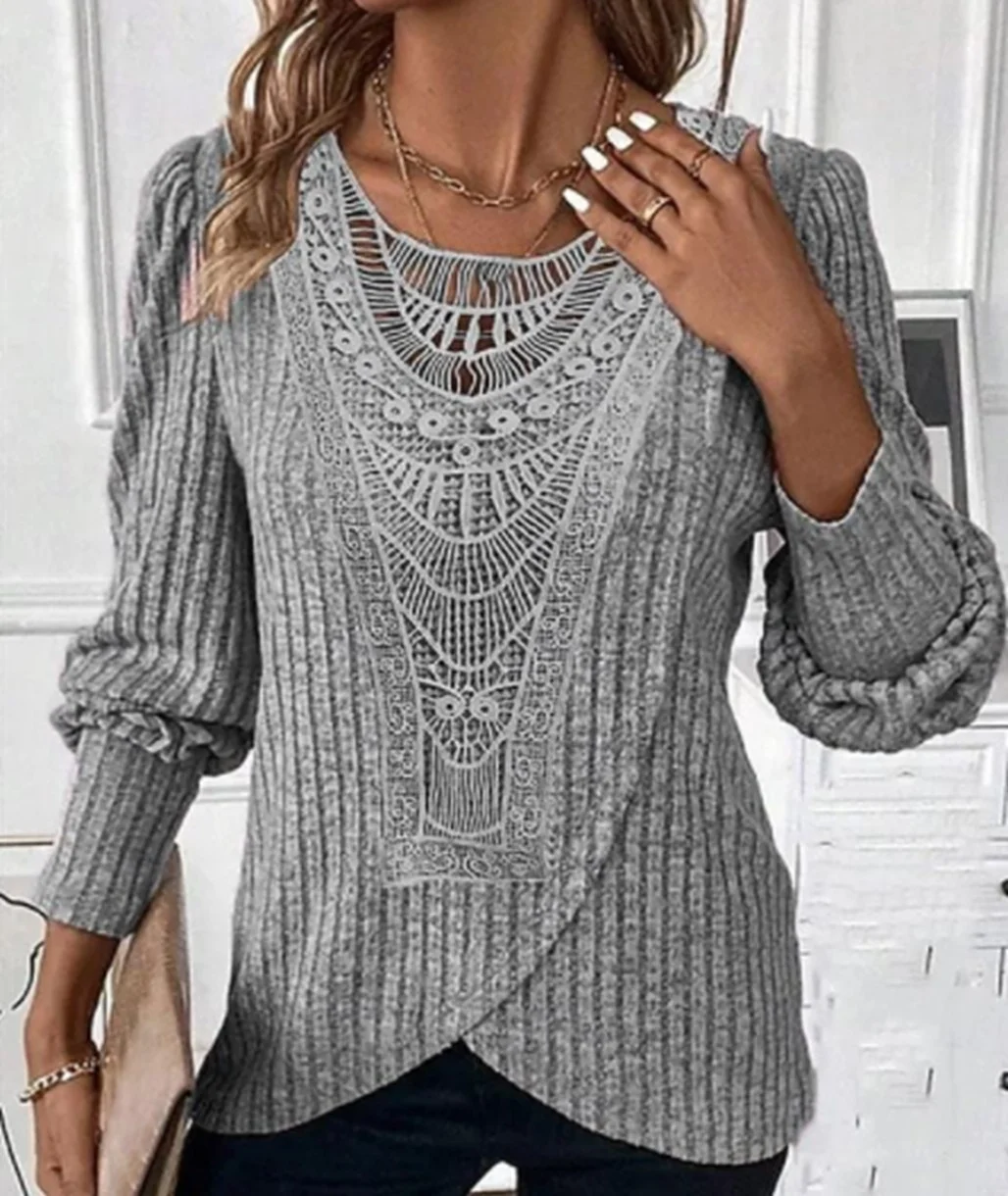 Women Casual Crew Neck Long Sleeve Plain Lace Blouse