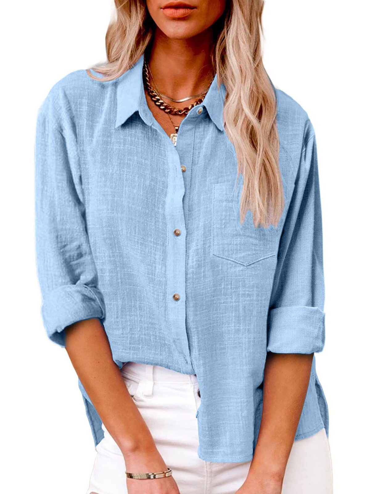 Shirt Collar Long Sleeve Plain Regular Loose Shirt For Women