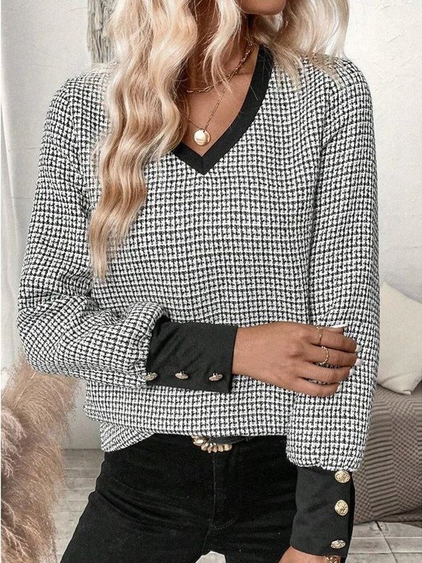 V Neck Long Sleeve Plaid Lace Regular Regular Fit Blouse For Women