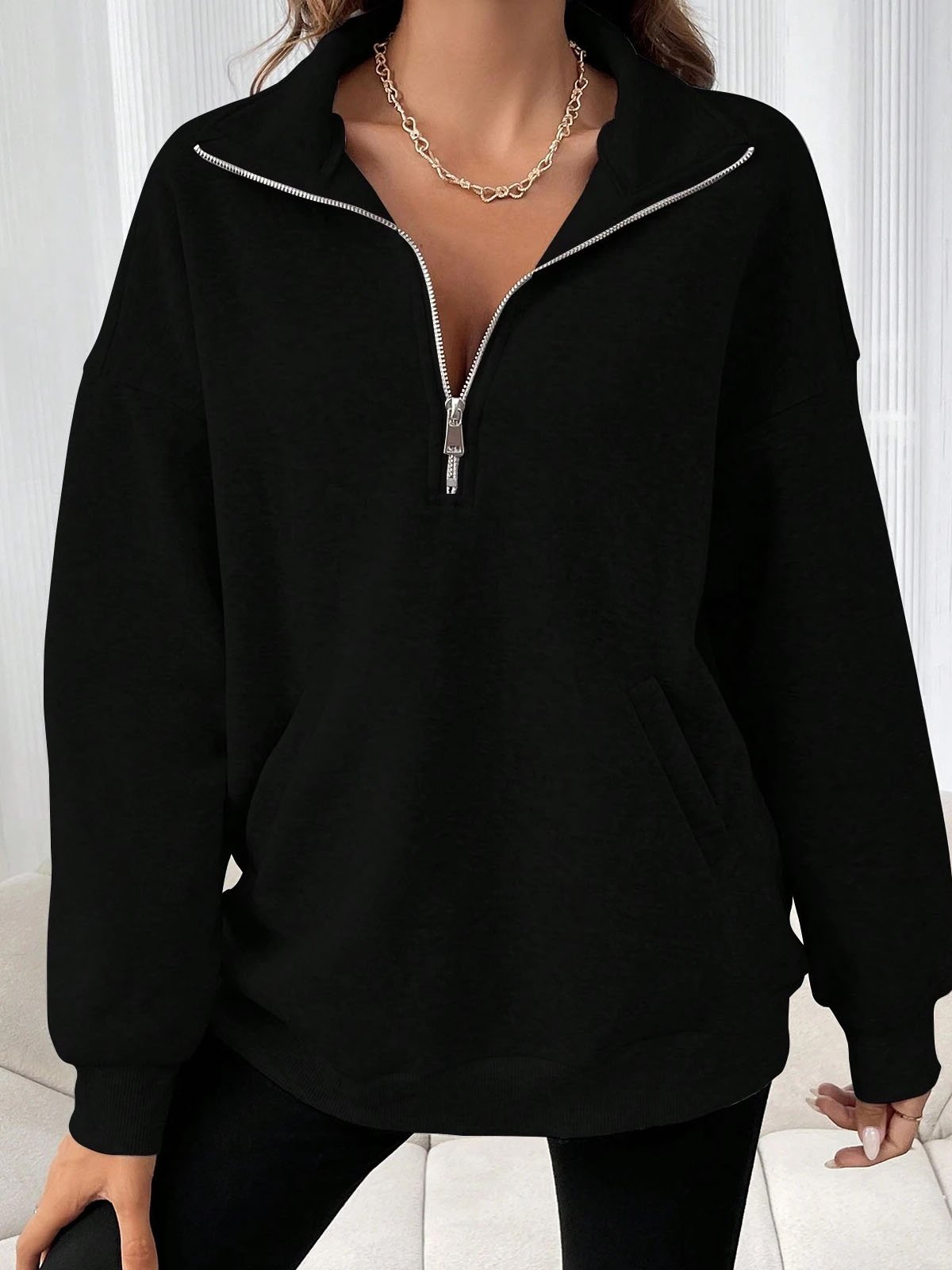 Casual Shawl Collar Plain Sweatshirt Zipper