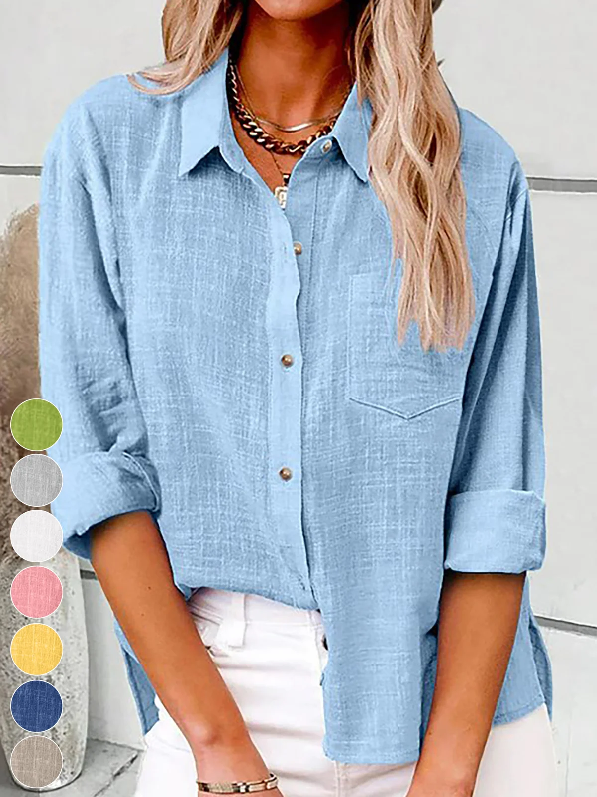 Shirt Collar Long Sleeve Plain Regular Loose Shirt For Women