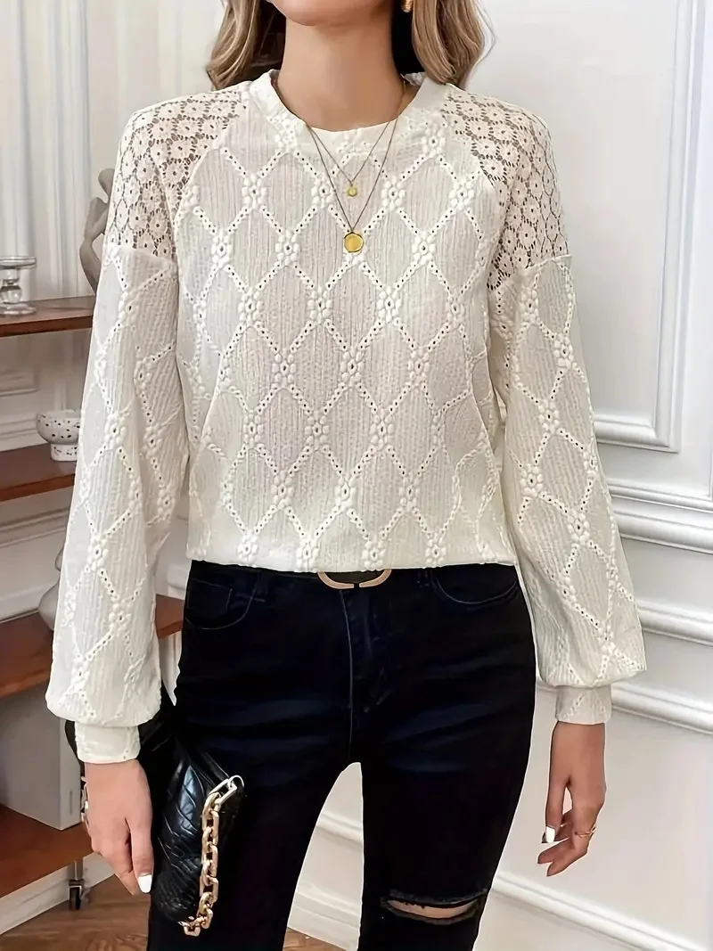 Crew Neck Long Sleeve Plain Lace Regular Regular Fit Blouse For Women