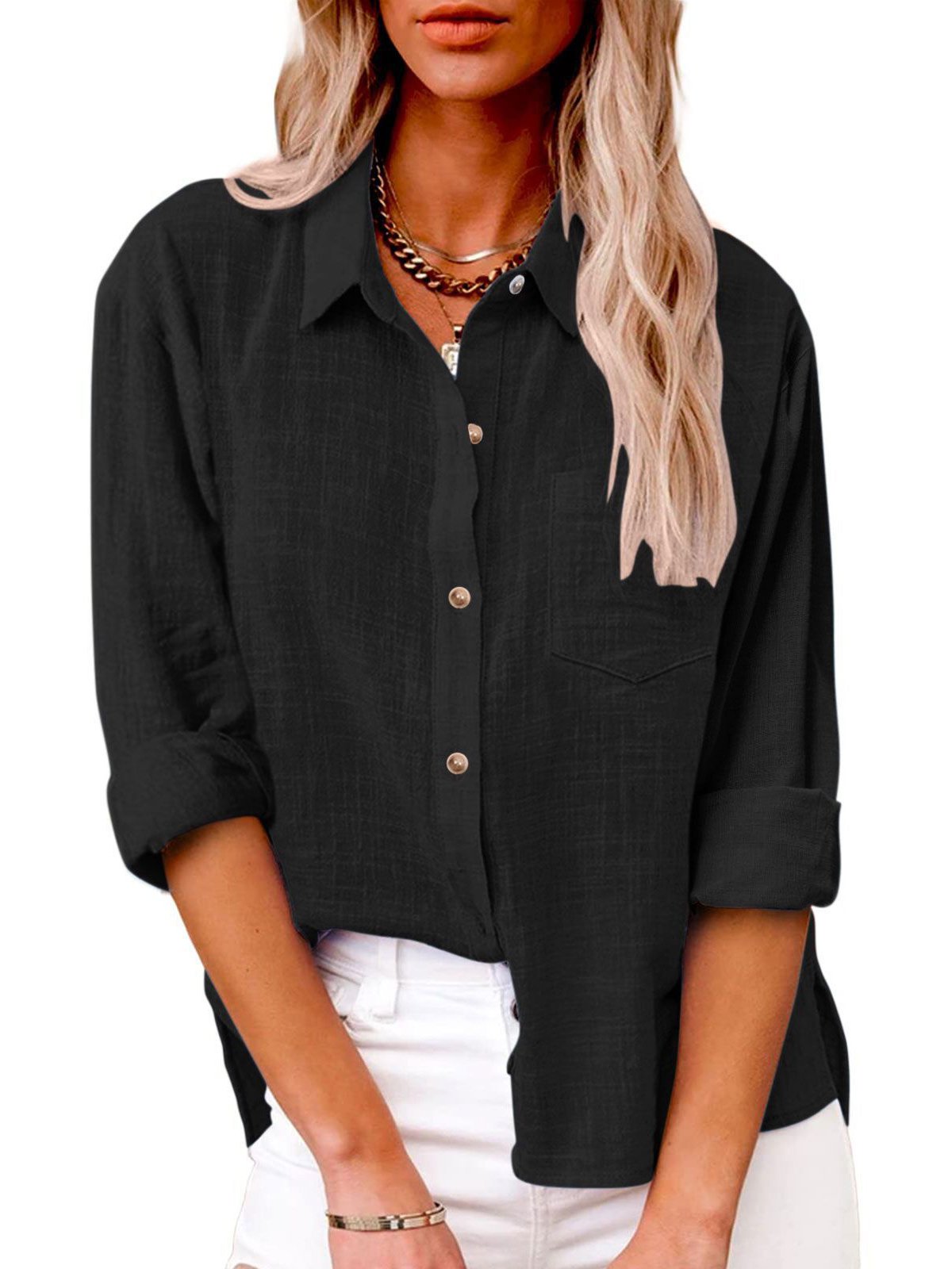 Shirt Collar Long Sleeve Plain Regular Loose Shirt For Women