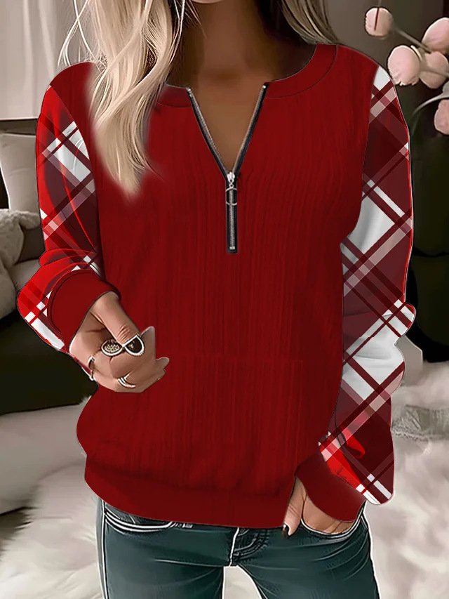 Casual Crew Neck Plaid Sweatshirt Zipper