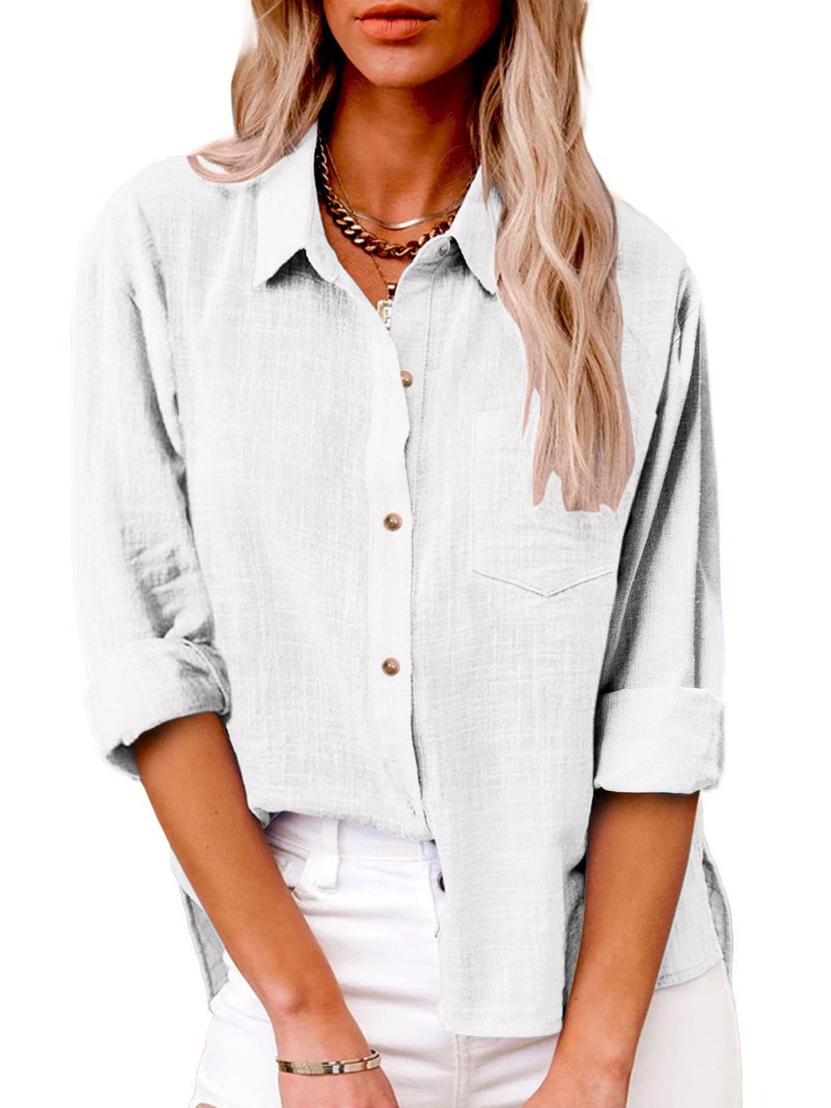 Shirt Collar Long Sleeve Plain Regular Loose Shirt For Women