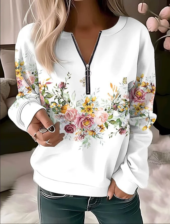 Casual Crew Neck Floral Sweatshirt Zipper