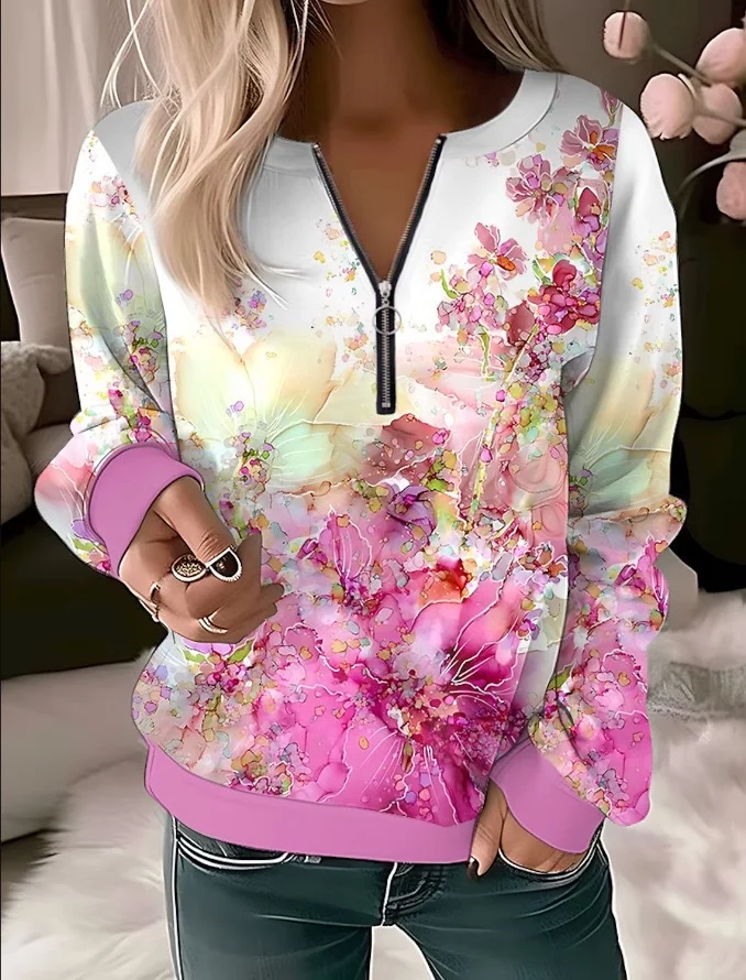 Casual Crew Neck Floral Sweatshirt Zipper