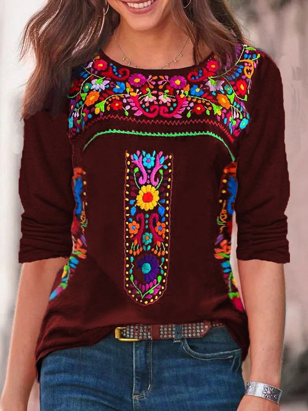 Casual Ethnic Crew Neck Long Sleeve T-shirt