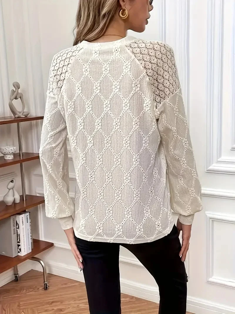 Crew Neck Long Sleeve Plain Lace Regular Regular Fit Blouse For Women