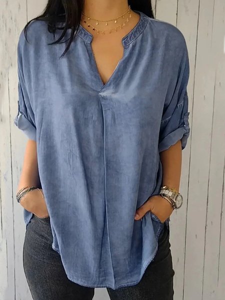 V Neck Half Sleeve Plain Regular Micro-Elasticity Loose Blouse For Women