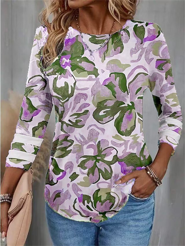 Casual Floral Crew Neck Three Quarter Sleeve T-shirt