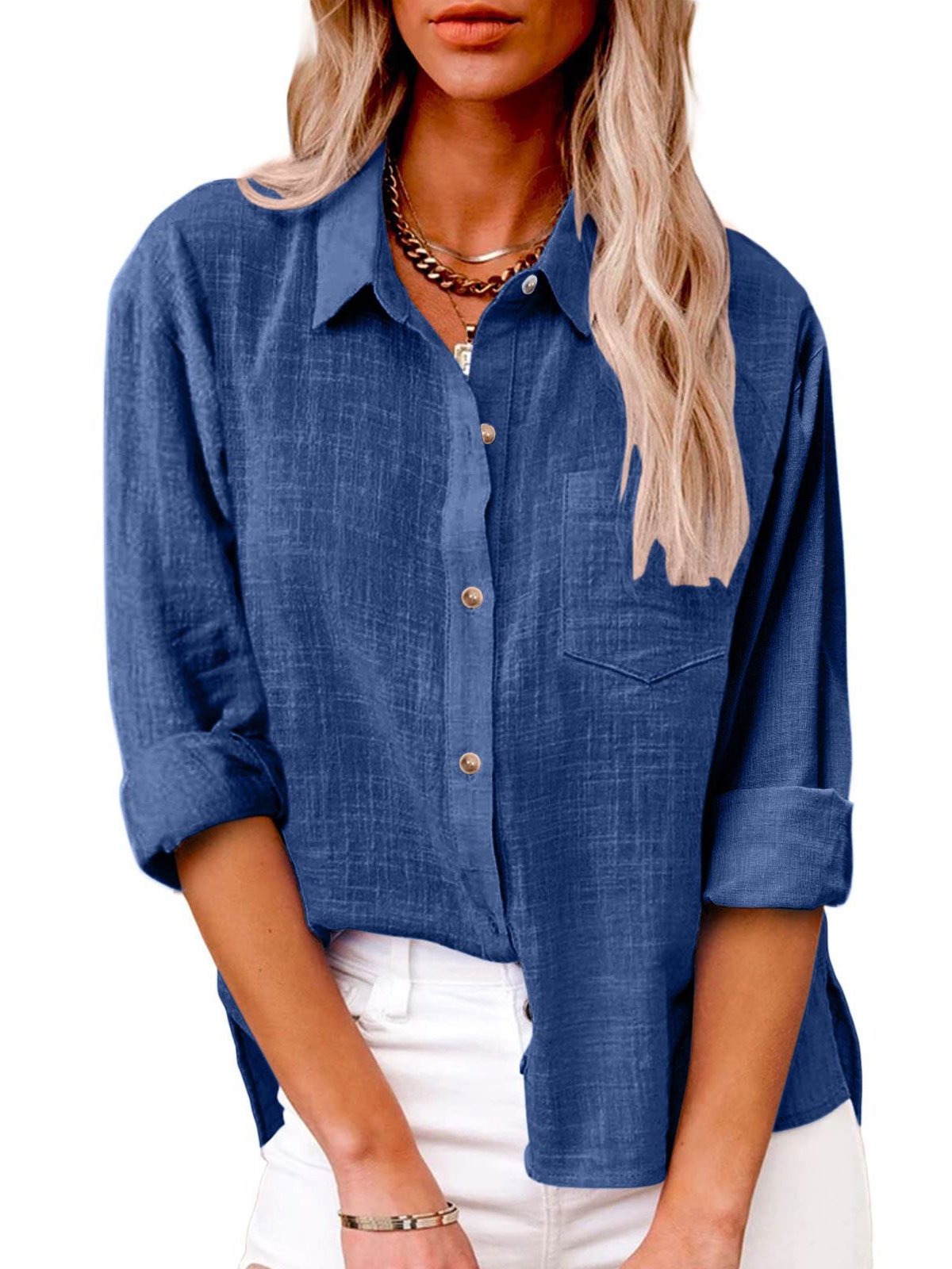 Shirt Collar Long Sleeve Plain Regular Loose Shirt For Women