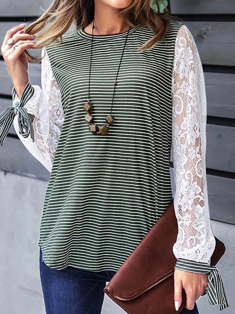 Crew Neck Long Sleeve Striped Lace Regular Regular Fit Blouse For Women