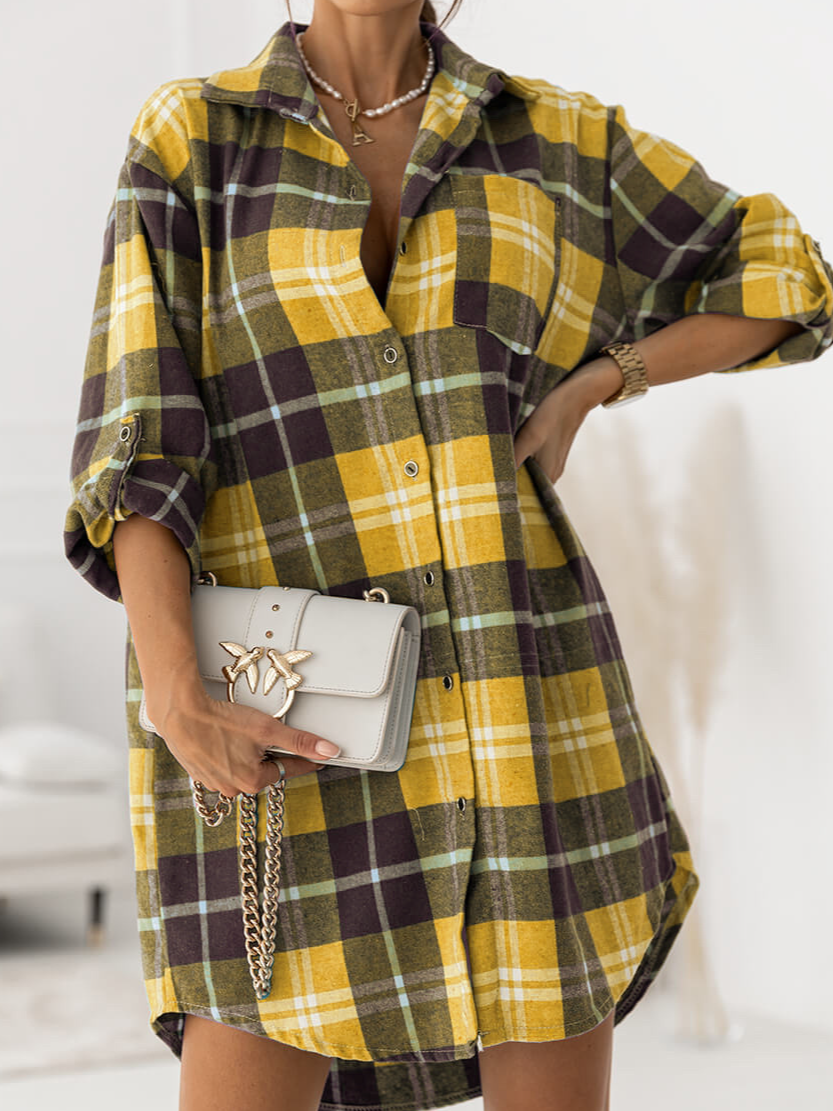 Women Plaid Shirt Collar Long Sleeve Comfy Casual Mini Dress