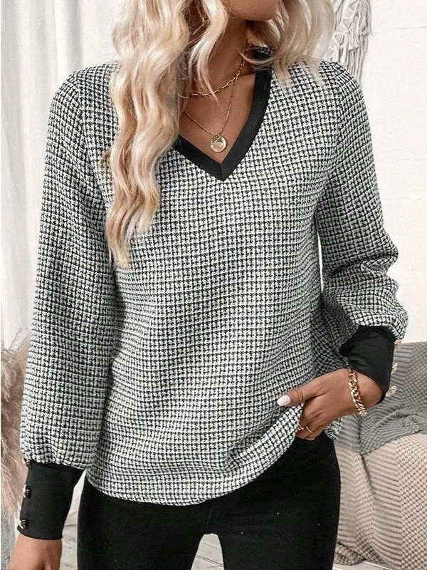 V Neck Long Sleeve Plaid Lace Regular Regular Fit Blouse For Women