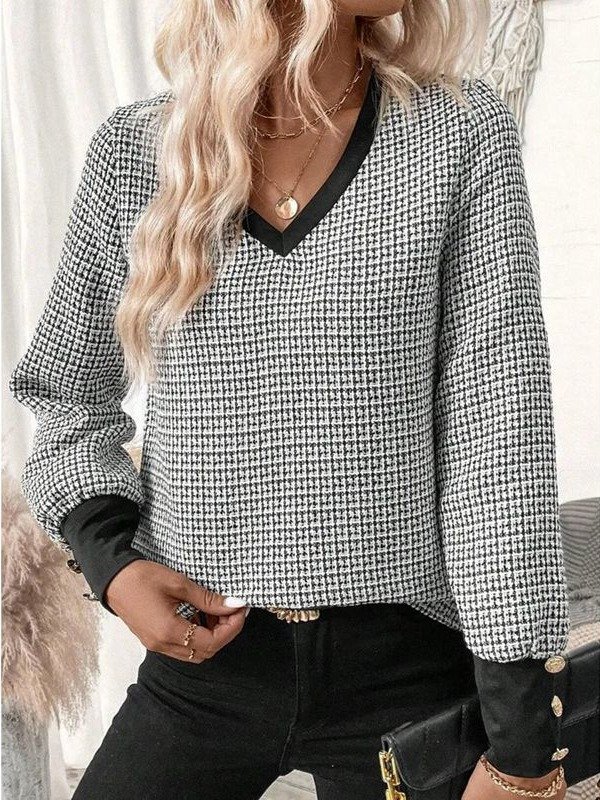 V Neck Long Sleeve Plaid Lace Regular Regular Fit Blouse For Women