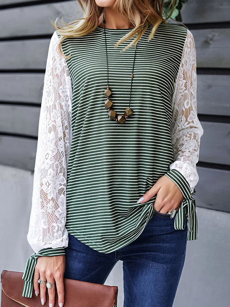 Crew Neck Long Sleeve Striped Lace Regular Regular Fit Blouse For Women