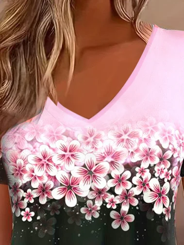 Casual Floral V Neck Short Sleeve T-shirt