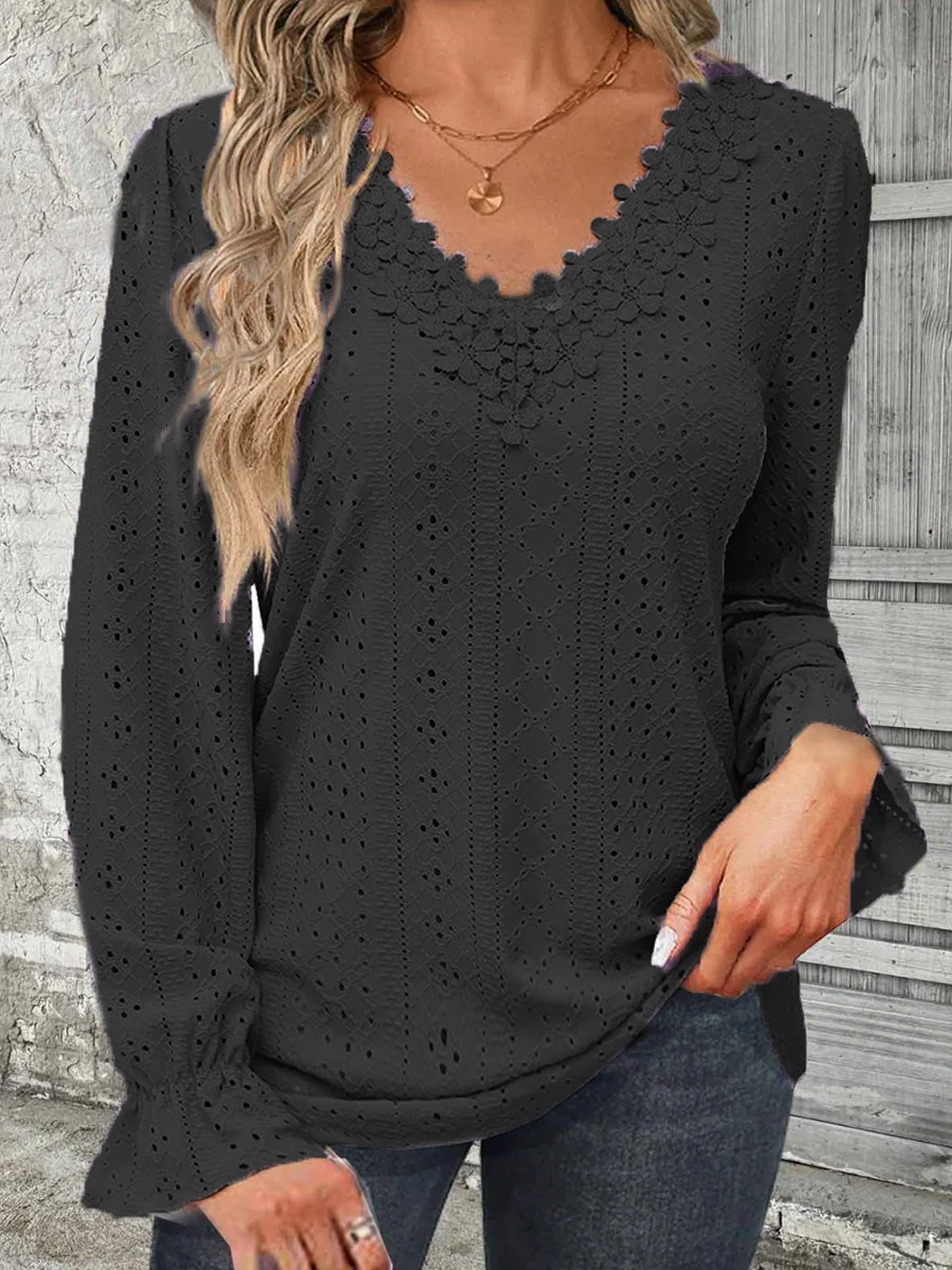 V Neck Long Sleeve Plain Lace Regular Regular Fit Blouse For Women