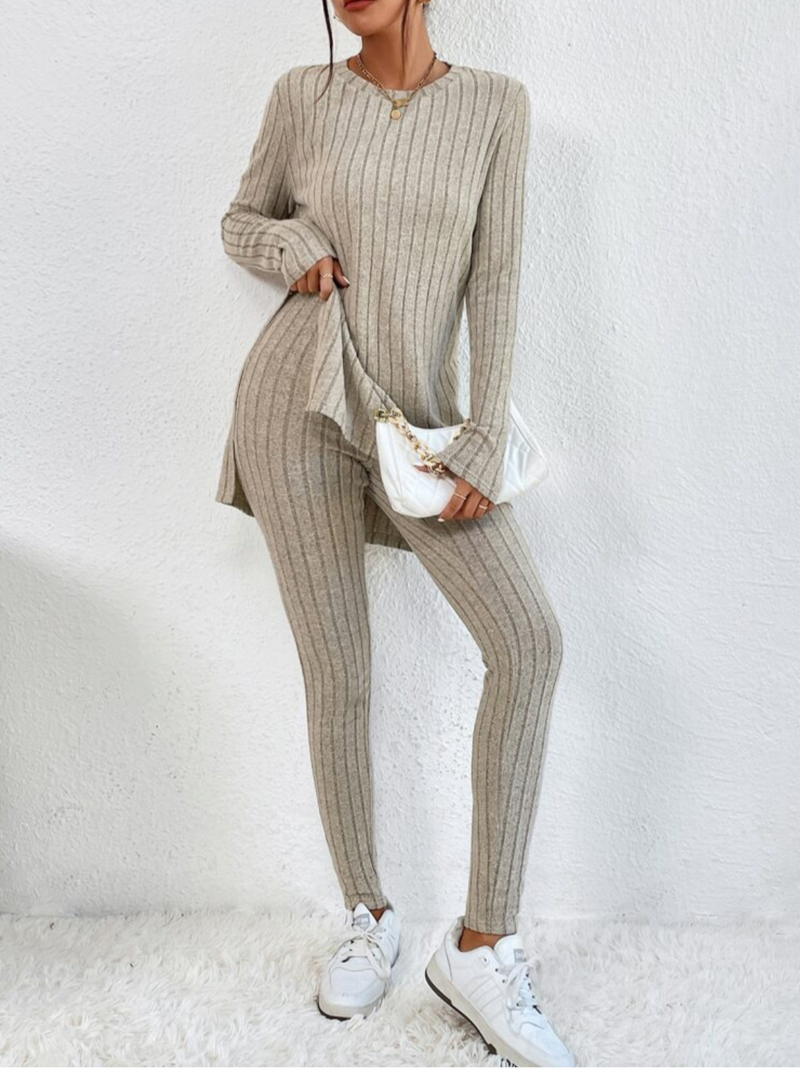 Women Plain Crew Neck Long Sleeve Comfy Casual Top With Pants Two-Piece Set