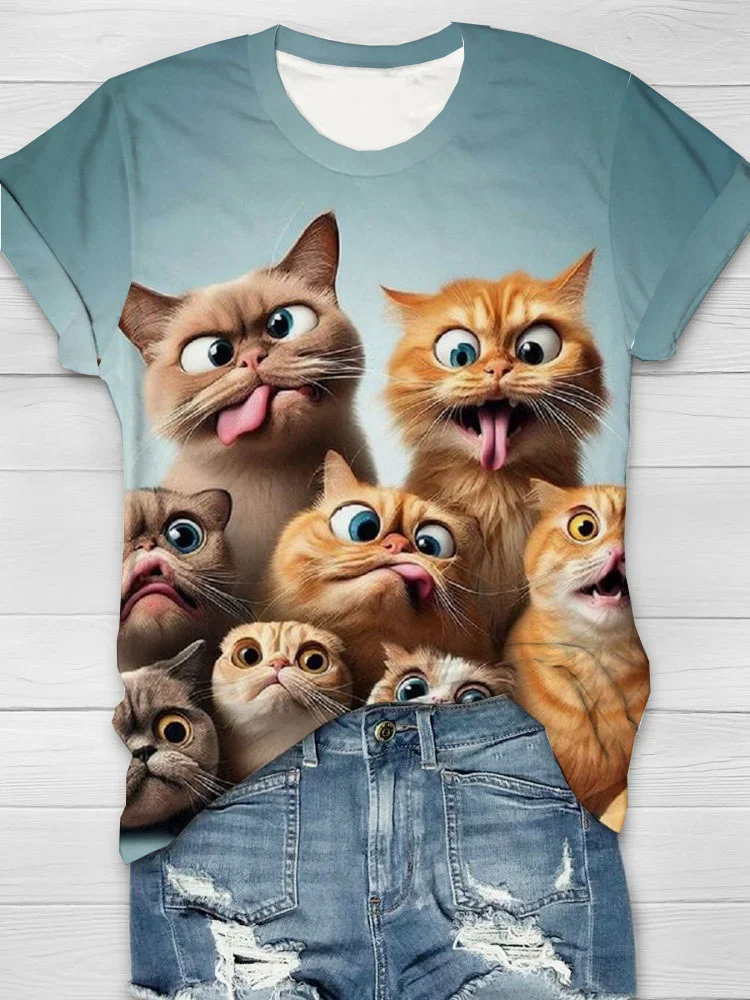 Casual Cat Crew Neck Short Sleeve T-shirt