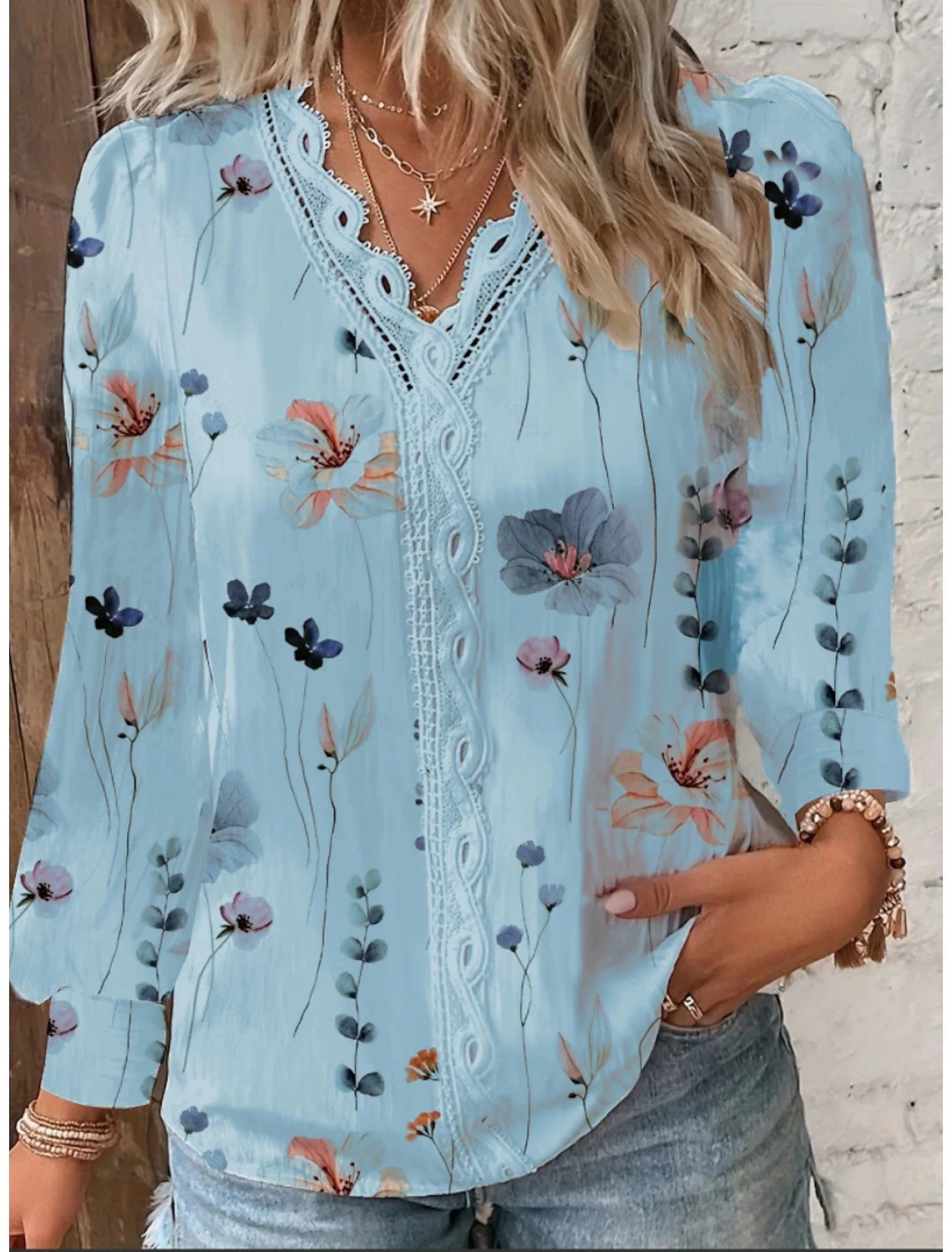 Long Sleeve Floral Regular Loose Blouse For Women