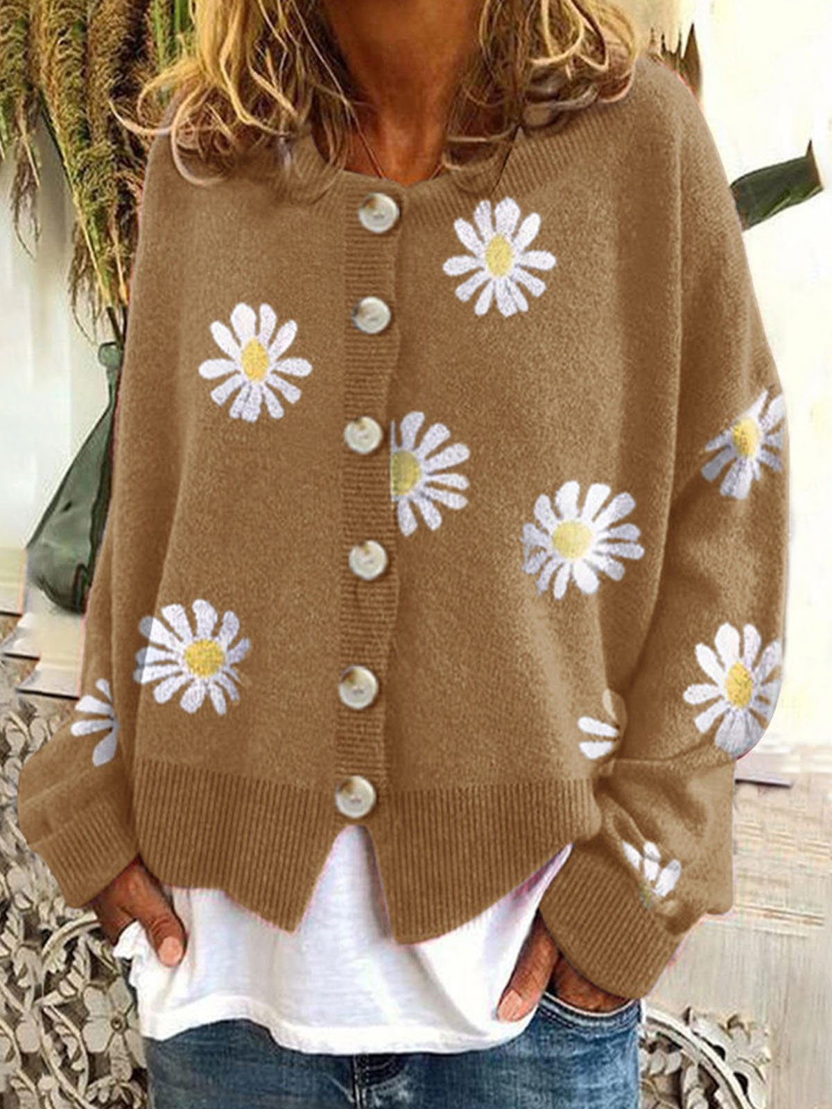 Women Wool/Knitting Floral Long Sleeve Comfy Casual Cardigan