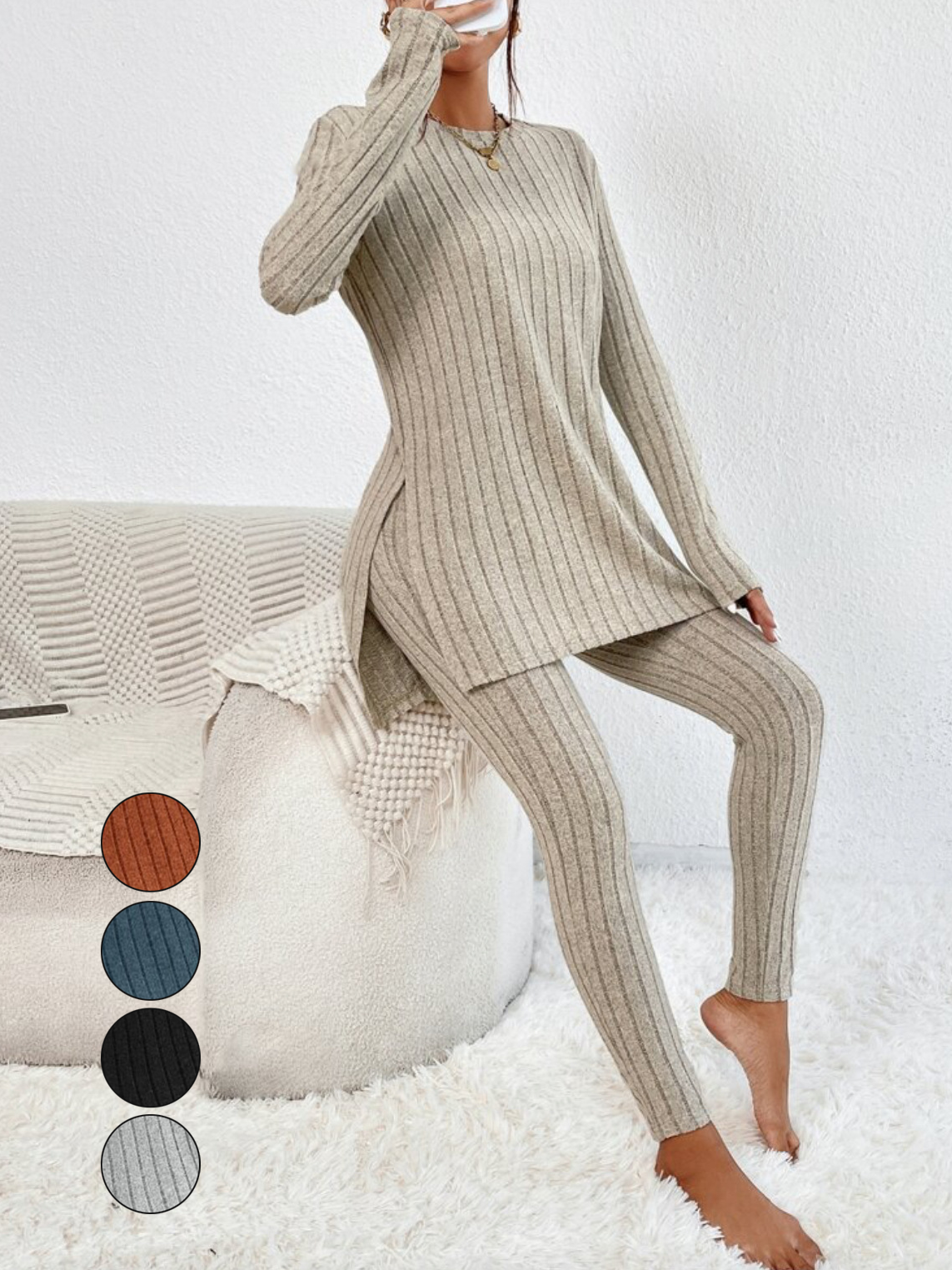 Women Plain Crew Neck Long Sleeve Comfy Casual Top With Pants Two-Piece Set