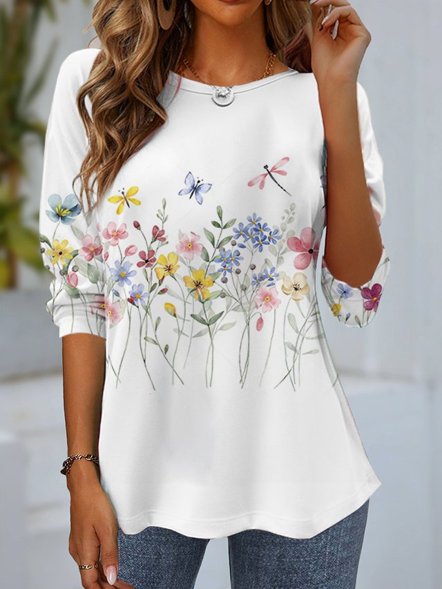 Casual Floral Crew Neck Long Sleeve T-shirt