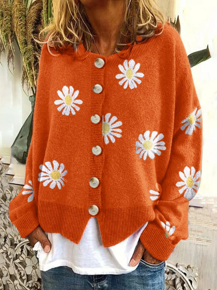 Women Wool/Knitting Floral Long Sleeve Comfy Casual Cardigan