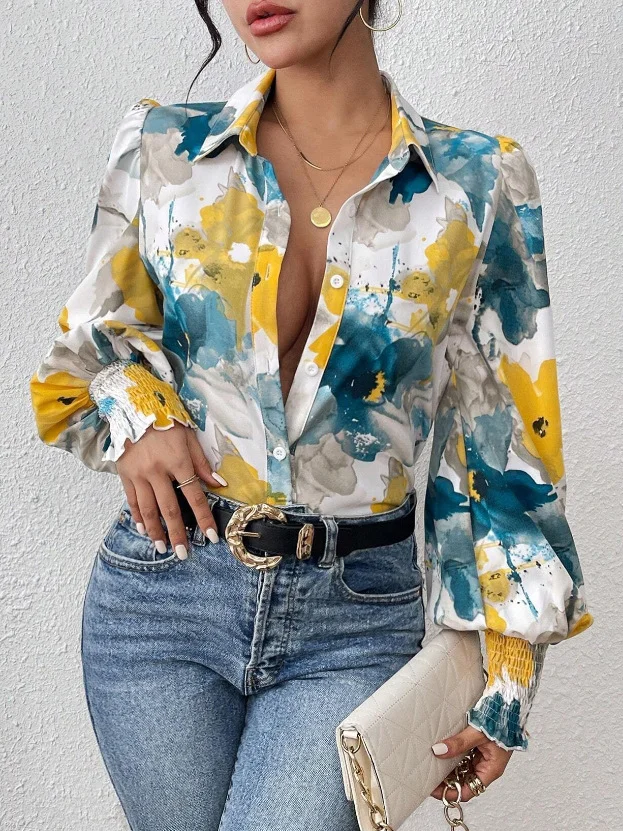 Shirt Collar Long Sleeve Floral Regular Loose Shirt For Women