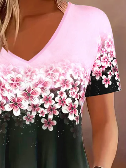 Casual Floral V Neck Short Sleeve T-shirt