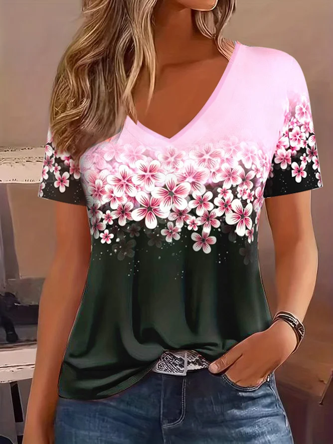 Casual Floral V Neck Short Sleeve T-shirt