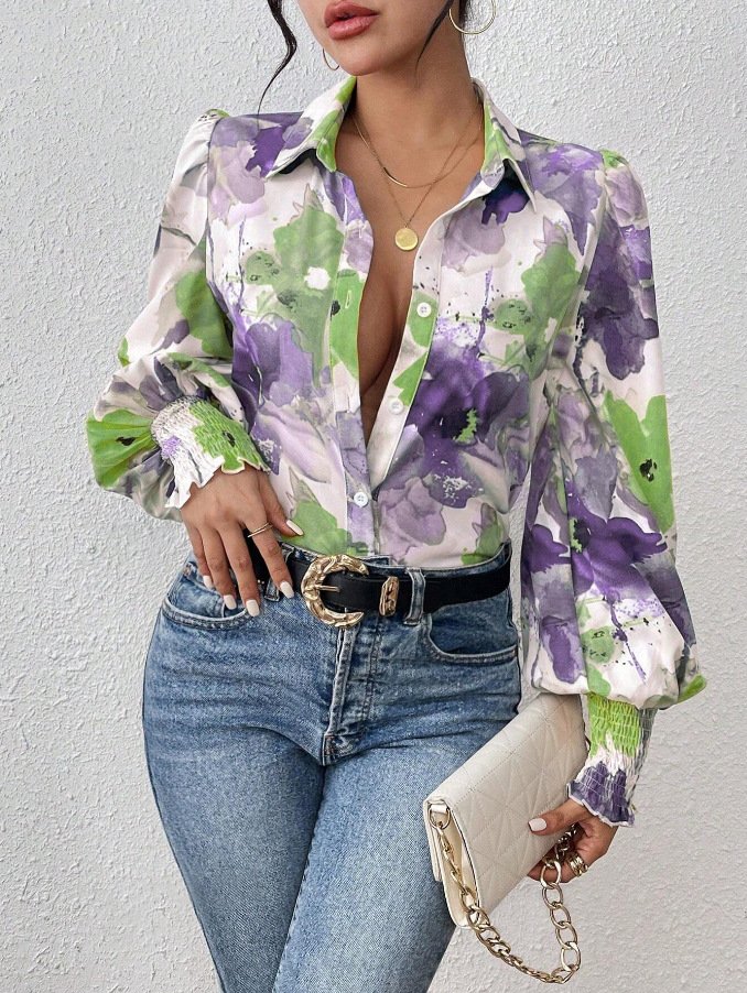 Shirt Collar Long Sleeve Floral Regular Loose Shirt For Women