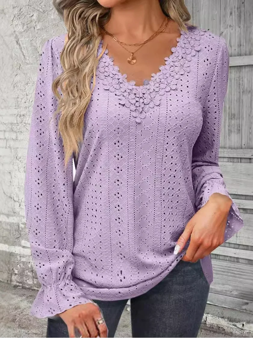 V Neck Long Sleeve Plain Lace Regular Regular Fit Blouse For Women