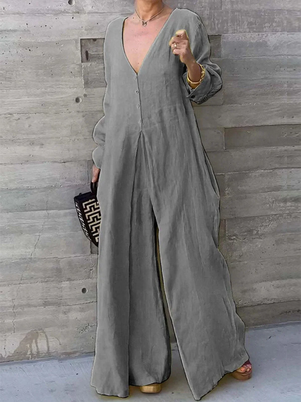 Women Long Sleeve V Neck Regular Fit Long Daily Casual Plain Natural Jumpsuit