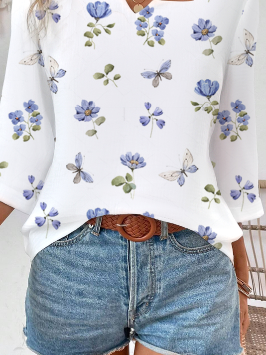 Casual Floral Notched Three Quarter Sleeve T-shirt