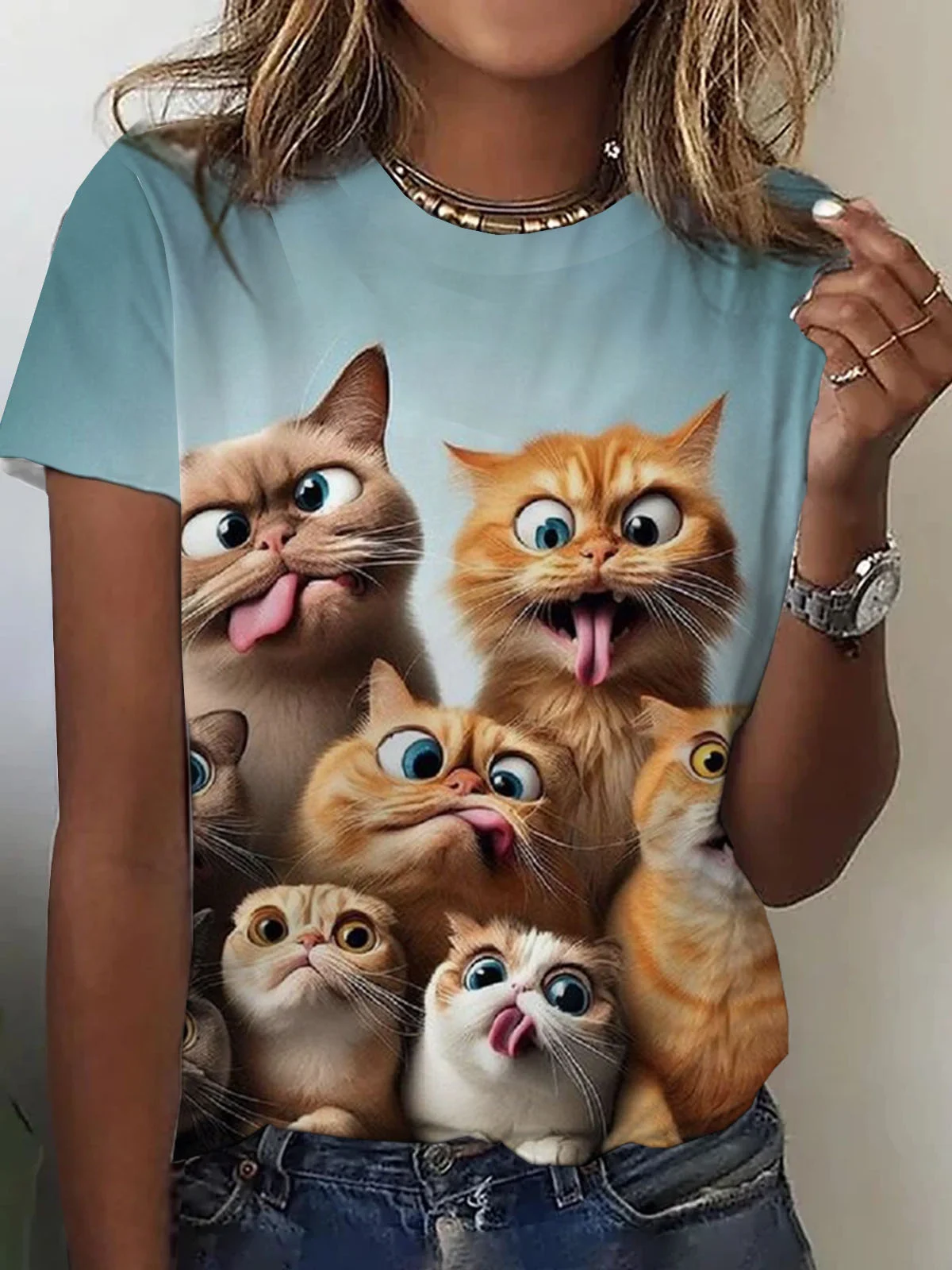 Casual Cat Crew Neck Short Sleeve T-shirt