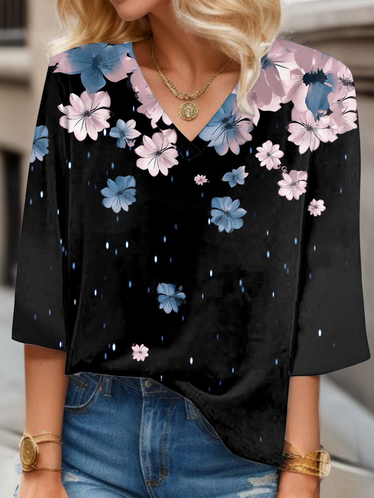 V Neck Three Quarter Sleeve Floral Regular Regular Fit Blouse For Women